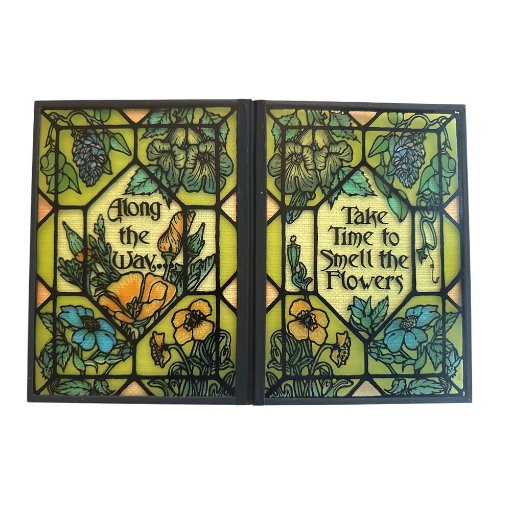 Vintage 1970s Folding Stained Glass Panel Table Top Suncatcher Metal Art Flowers